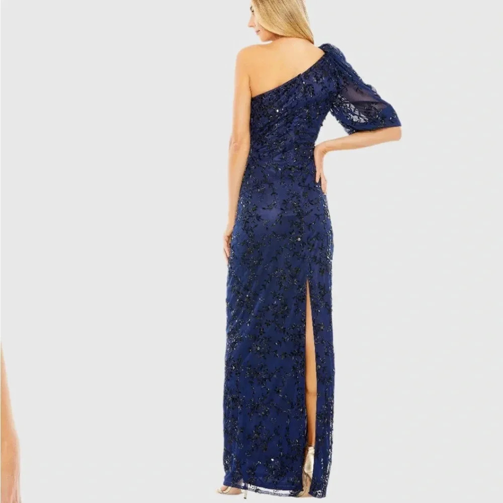 Mac Duggal New One Shoulder Puff Sleeve Embellished Column Gown 14 - Picture 2 of 7